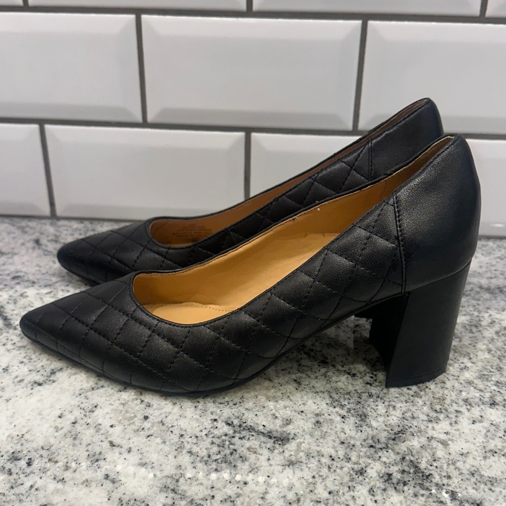 Marc Fisher Womens 6M Zala Pumps Black Quilted Leather Block Heel Pointed Toe - Picture 4 of 8